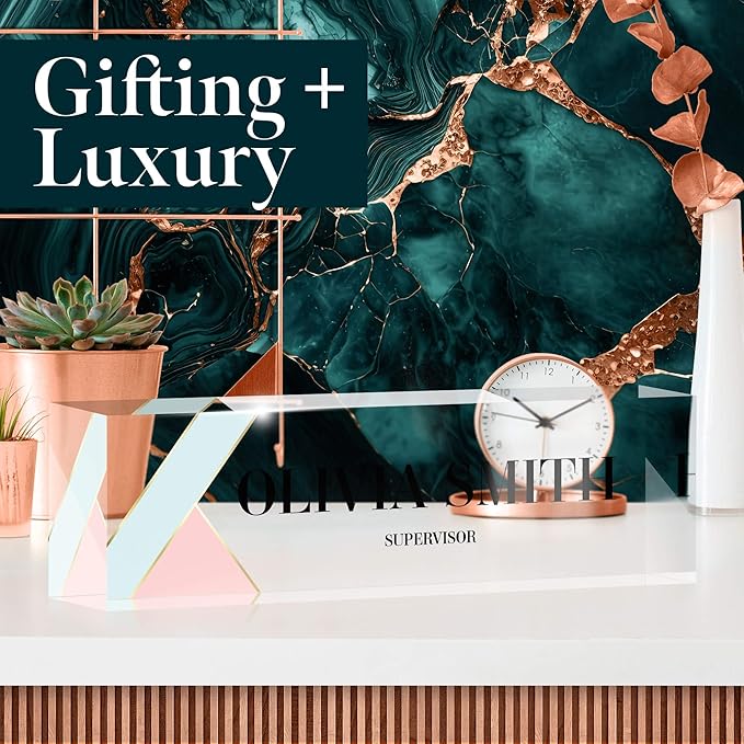 Desk Name Plate Personalized, Custom Name Plates 2½/x8 Inches, Thick Crystal-Clear Acrylic, Gift Box, Office Desk Decor. USA Made by ACRYLUXE (Delicate)