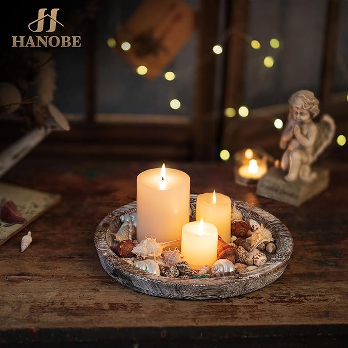 Hanobe Candle Plate Holder Tray: Round Wooden Decorative Candle Plate Small Farmhouse Table Centerpiece Rustic Whitewash Wood Tealight Pillar Trays for Christmas Wedding Halloween Home Decor