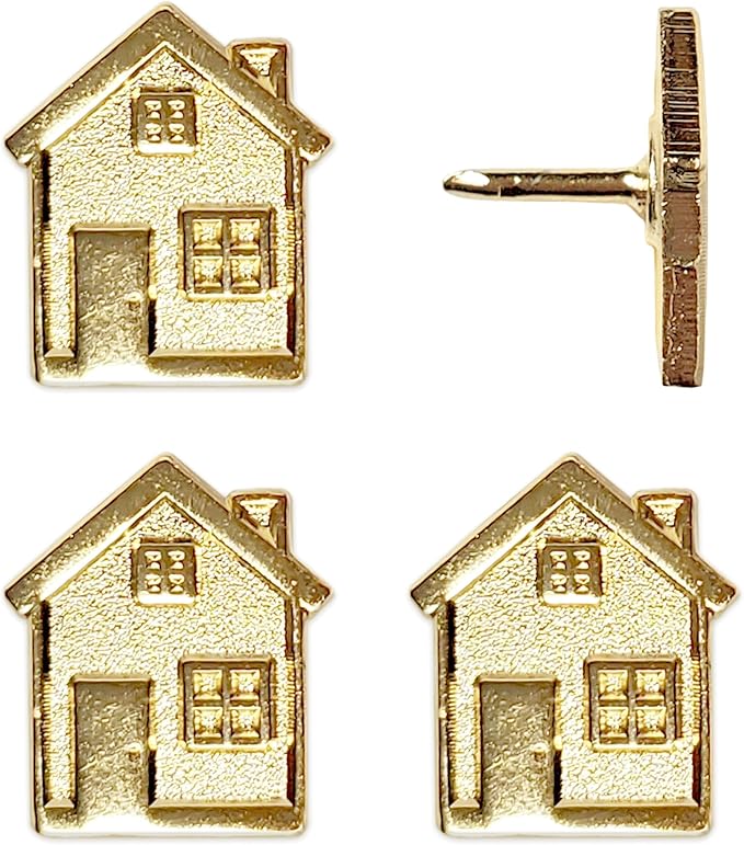Big House Push Pins - Gold Metal Home Pins - for Cork Board, Maps, or Lapel Pin Use - Designed in USA - Set of 4