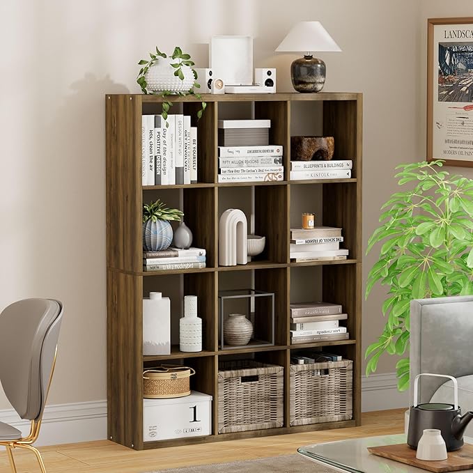 12-Cube Storage Organizer, Wooden Cube Shelf Bookcase with Reinforced Thick Shelves, Heavy-Duty 36.93" L x 9.37" W x 48.82" H, for Living Room Bedroom Home Office, Brown
