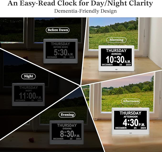 7'' Dementia Clock For Seniors, Large Display Digital Clock With Date, Time, Day Of Week for Elderly, Alzheimer, 1024*600P HD, 10 Reminders & 8 Alarms, Auto Dimming & DST, Remote Control, White