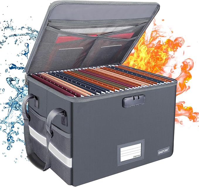 ENGPOW File Box with Lock, Fireproof Document Box with Zipper Lid, Collapsible File Organizer Storage Filing Cabinet with Handle, Portable Home Office Safe for Hanging Letter/Legal Folders, Grey