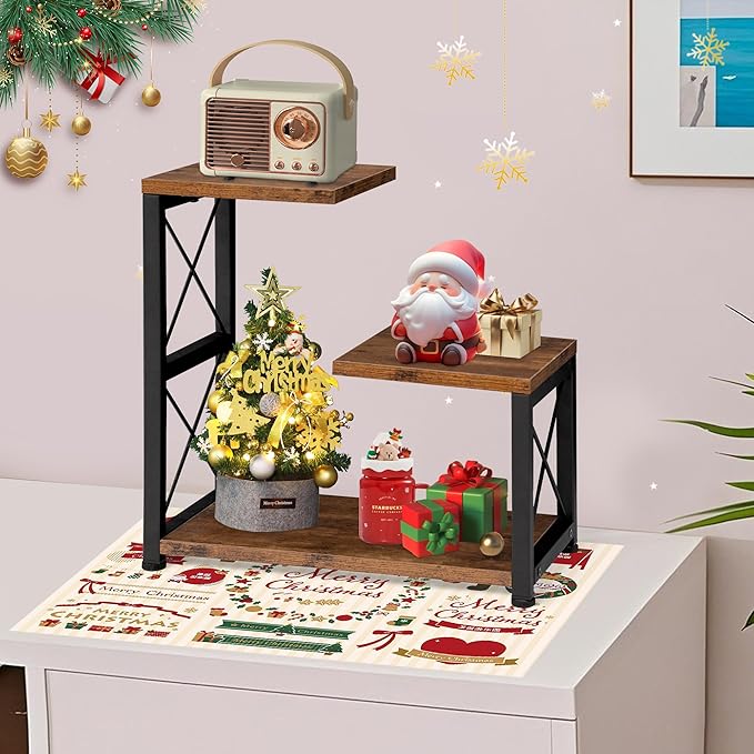 Desk Shelf Organizer, 3 Tier Storage Shelf Riser Display Stand, Wood Desktop Organizer Small Bookshelf, Desktop Shelf for Office Decor and Desk Accessories,Rustic Brown Black