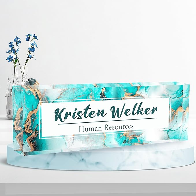 Desk Name Plate Personalized, Premium Ocean Blue Gold Marble Acrylic Desk Name Plate, Personalized Name Plate for Desk, Office Decor for Women or Men Coworkers, Boss, Employee, Teacher