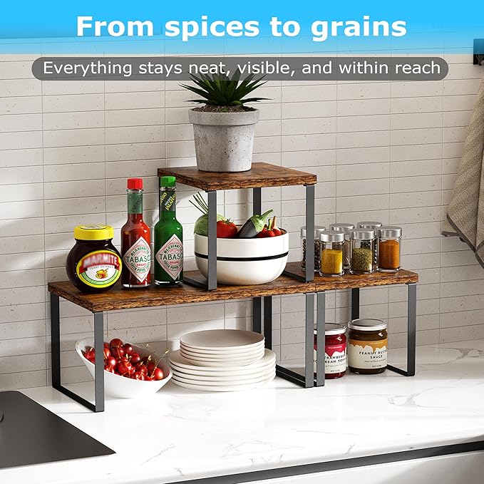 Aothia Wood Desktop Shelf for Top of Desk - 2-Tier Adjustable Bookshelf Organizer, Freestanding Stackable Shelves for Office, Home, Kitchen Counter (Rustic Brown)