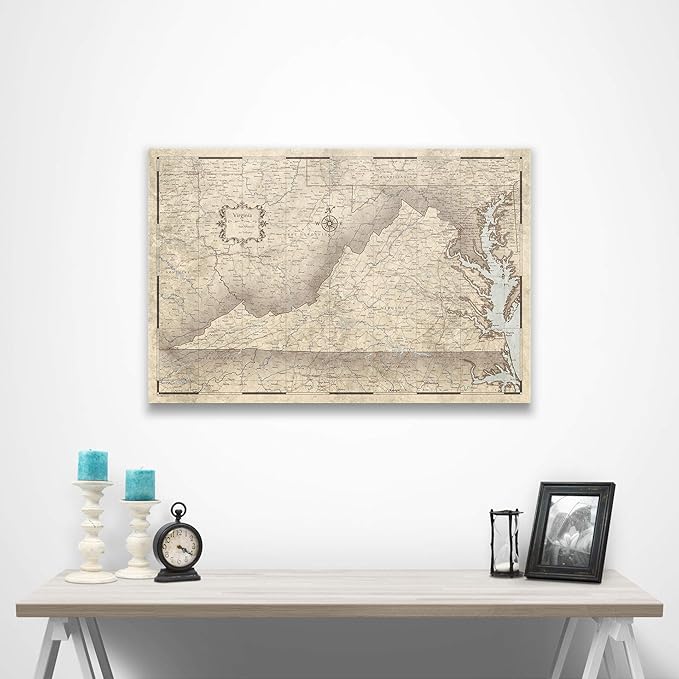 Push Pin Virginia Map Board - With Push Pins to Mark Virginia Travels - Handmade in Ohio, USA - Design: Rustic Vintage