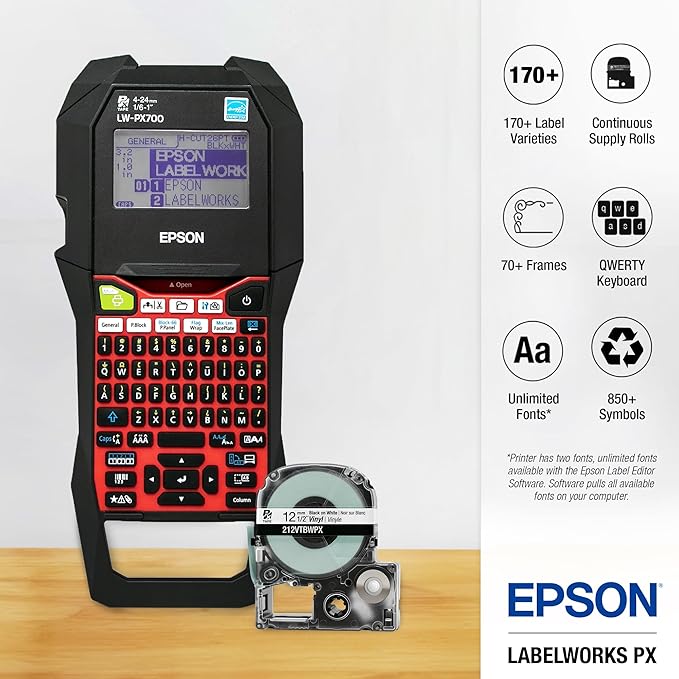 LABELWORKS Epson Sturdy Label Pro Bundle - LW-PX700PCD Industrial Label Maker Kit and 18MM Black on White Industrial Nylon Tape
