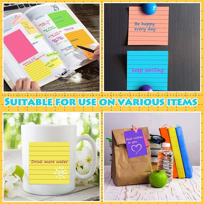 Yexiya 64 Pcs Lined Sticky Notes Self Stick Notes with Lines Bright Assorted Colors Sticky Pad for Home Office Products Post Memos, 1920 Sheets(4 x 6 Inch, 3 x 3 Inch,Vivid Color)