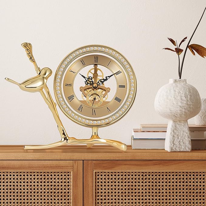 Anniversary Clock with Skeleton Dial & Gears, Golden Tabletop Clock for Living Room, Silent Battery Operated Desk Clock, Vintage Home Decor Gift Idea (Gold)
