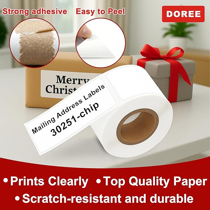 DOREE 12-Roll 1-1/8" x 3-1/2" Mailing Address Labels 30251 with chip,Compatible with LabelWriter 550 5XL 450 4XL Label Printers.(30251-chip LabelWriter Address Labels,White, 12-Rolls Total 1560)