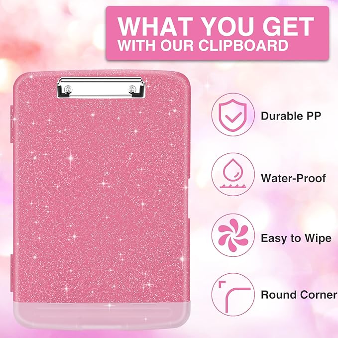 Sooez Glitter Clipboard with Storage, High Capacity Clip Boards 8.5x11 with Pen Holder, Cute Clipboards with Low Profile Clip, Sparkle Plastic Organizer Case Box for Women & Kids, Side Opening