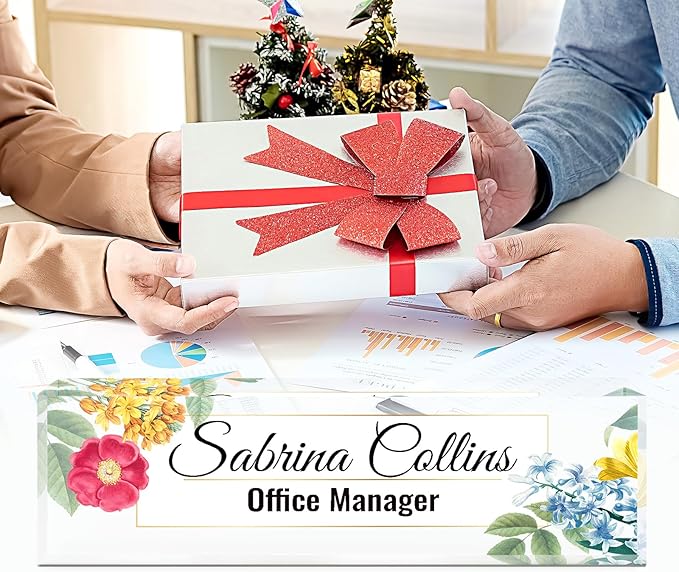 Name Plate for Desk, Desk Name Plate Personalized, Blue Office Decor for Women Men, Acrylic Desktop Accessories, Office Gifts for Boss Nurse Teacher Coworker, Employee Appreciation Gift (Flowers B)