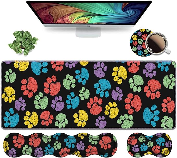 Ergonomic Keyboard Wrist Rest & Mouse Pad Wrist Rest Set,Large XXL Gaming Mousepad 31.5"x 11.8",Memory Foam,Easy Typing Pain Relief,Multifunctional Desk Mat for Office & Home,Colorful Dog Paw Print