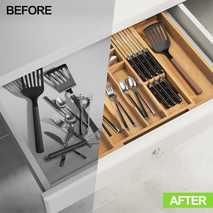 Bamboo Kitchen Drawer Organizer, Expandable Silverware Organizer with Removable Knife Block, 6-8 Slots- Utensil Holder & Cutlery Tray Drawer Dividers, 2.36" Deep for Extra Capacity, Natural