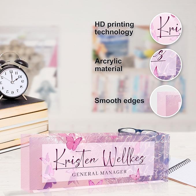 Personalized Office Name Plate, Custom Name Plate for Desks, Office Desk Decorations Gift for Women Men, Acrylic Desk Name Plate for Teacher Coworkers Staff Boss (Butterfly Sea)