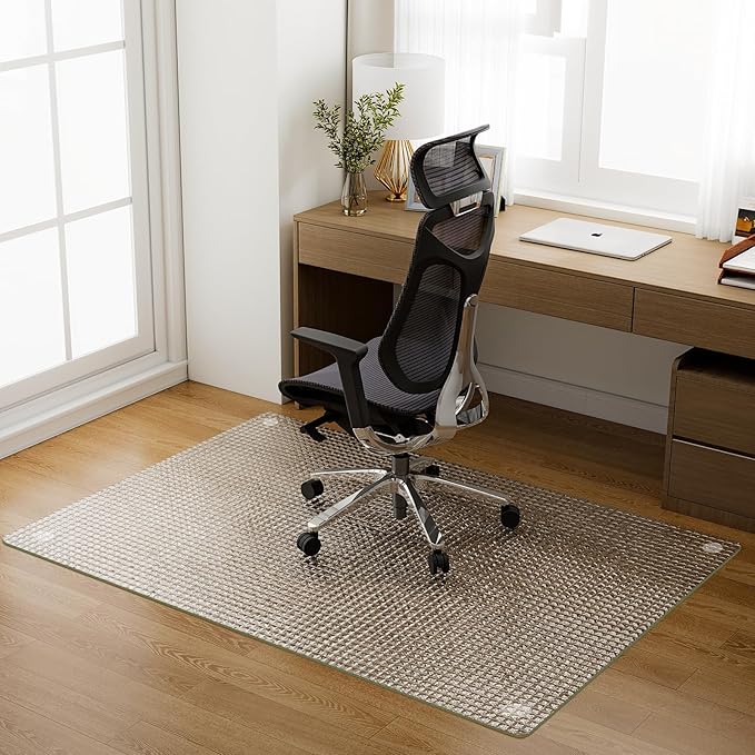 GLSLAND 36"x46" Tempered Glass Chair Mat – Checkered Patterned Heavy Duty Floor Mats Protector for Hardwood Floors & Carpet, Decorative Home and Office Desk