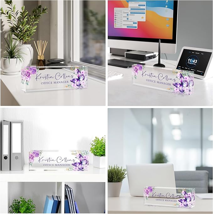 Custom Name Plate for Desk, Personalized Desk Name Plate on Clear Acrylic Glass, Appreciation Gifts for Teacher Employee Boss Coworkers Nurse, Office Desk Accessories for Women Men (Amethyst)