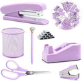 Purple Office Supplies, Purple Desk Accessories, Stapler, Staple Remover, Tape Holder, Pen Holder, Ballpoint Pen, Scissor, Binder Clips, Paper Clips and 1000pcs Staples.