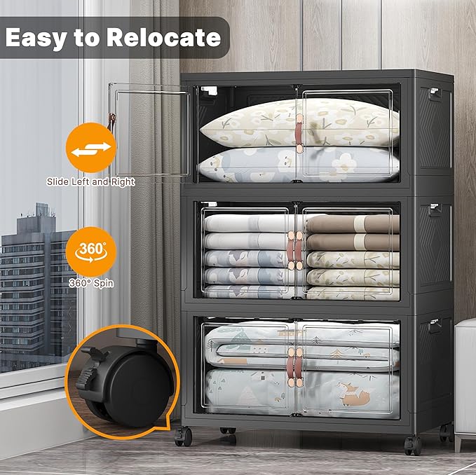 Extra Large Stackable Storage Bins with Lids & Wheels & Door, 480QT-160QT/40GAL*3Pack Foldable Collapsible Closet Organizers, Plastic containers drawers for bedroom Dorm