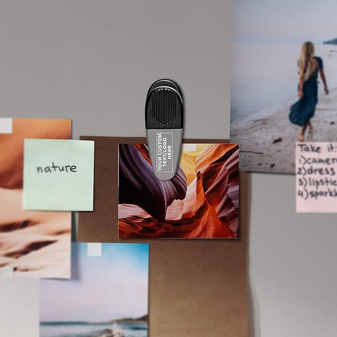 100 Magnetic Memo Holders Set - Customizable Text, Logo - Large Clip, Plastic - Silver Black