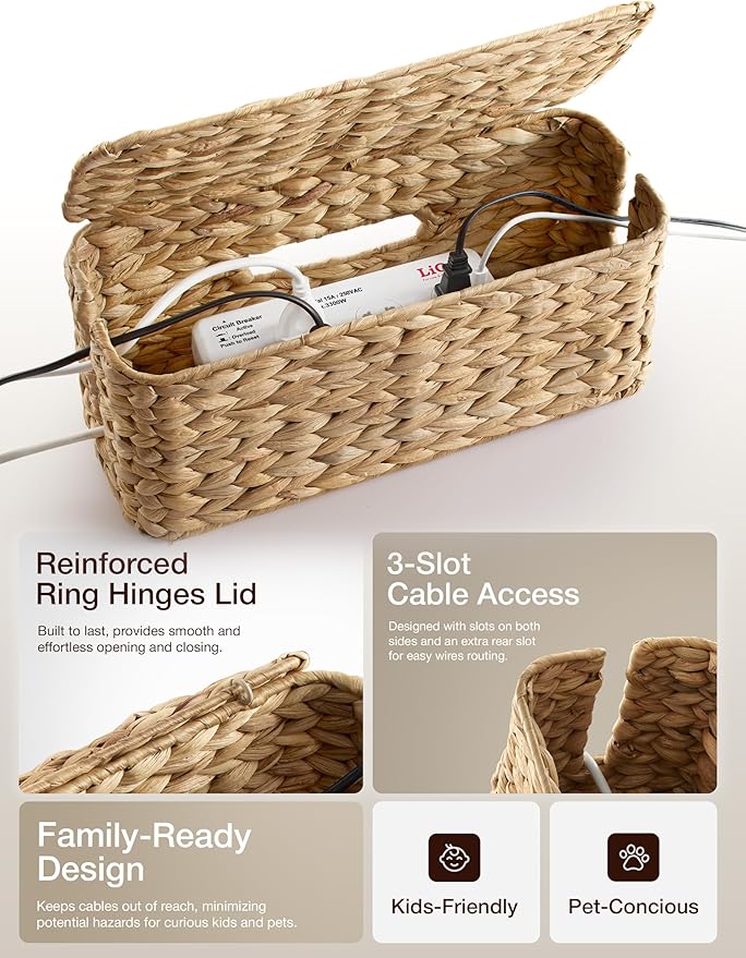 Set of 2 Wicker Large Cable Management Box - Cord Box Hider for Home, Office - Water Hyacinth Cable Hider Box, Surge Protector Box for TV Wires, Computer - Power Strip Box - 3 Slots, Secure Lid