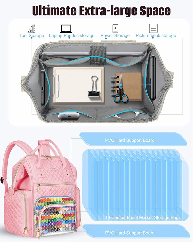 Marker Organizer Case Bag, Large Markers Storage Backpack with USB Port for Artists, Illustrators, Creatives, Pen Travel Holder Case Bag for Art Creativity Craft Supply, Pink