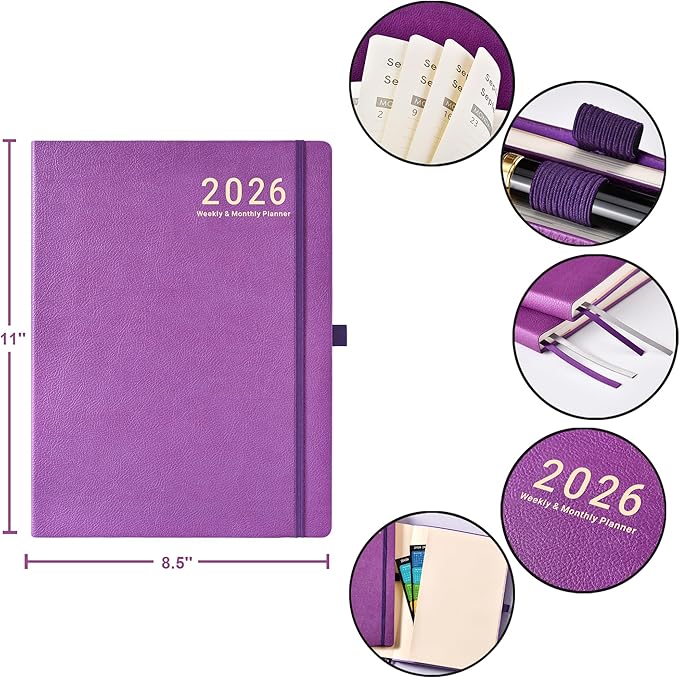 2026 Planner - JAN 2026 - DEC 2026, Planner 2026, Weekly and Monthly planner, 8.5" x 11", Leather Cover Planners with Thick Paper, Back Pocket with Notes Pages, Purple
