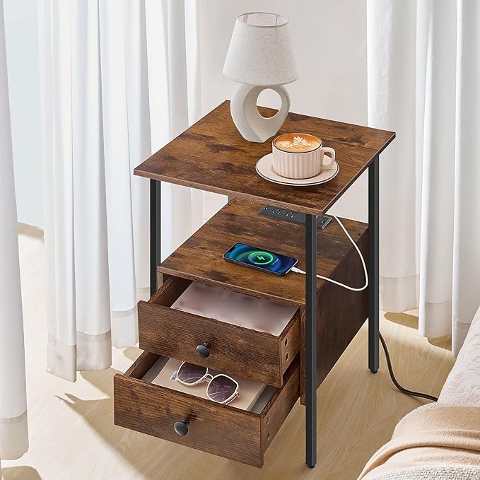 HOOBRO End Table with Charging Station, Bedside Table with 2 Drawer & USB Port & Type-C Port, Nightstand for Small Spaces, Stable and Sturdy, for Living Room, Rustic Brown BF43UBZ01
