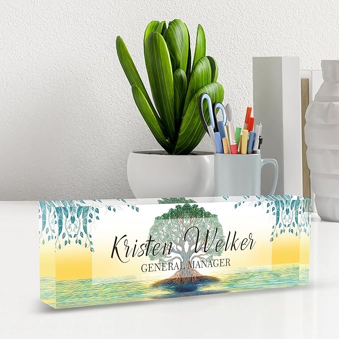Personalized Acrylic Desk Name Plate Custom Employee Appreciation Gifts Office Gifts for Women, Men, Boss, Coworkers, Teacher, Nurse (Tree of Life)