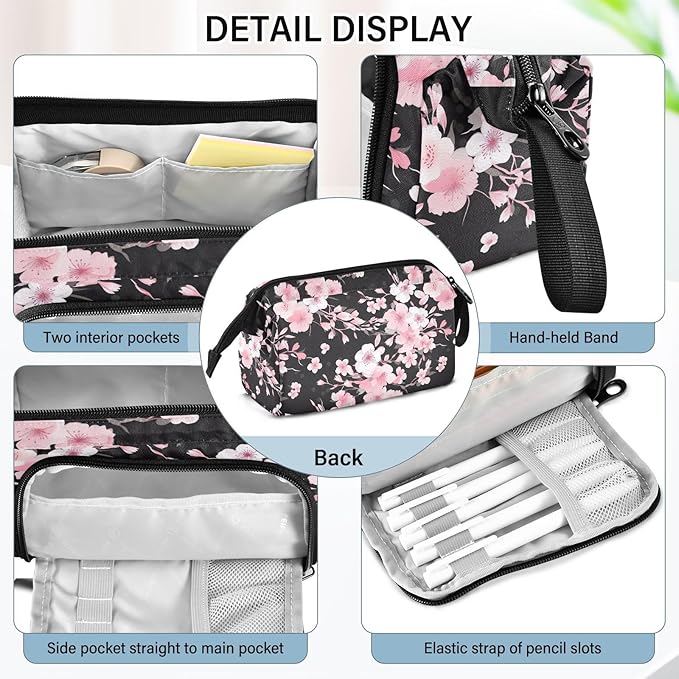 Black Cherry Blossom Pencil Case Pouch Big Capacity Pencil Bag Box Organizer Pen Case Pencil Pouch Aesthetic with Handle for Girls Boys Adults Women School Office
