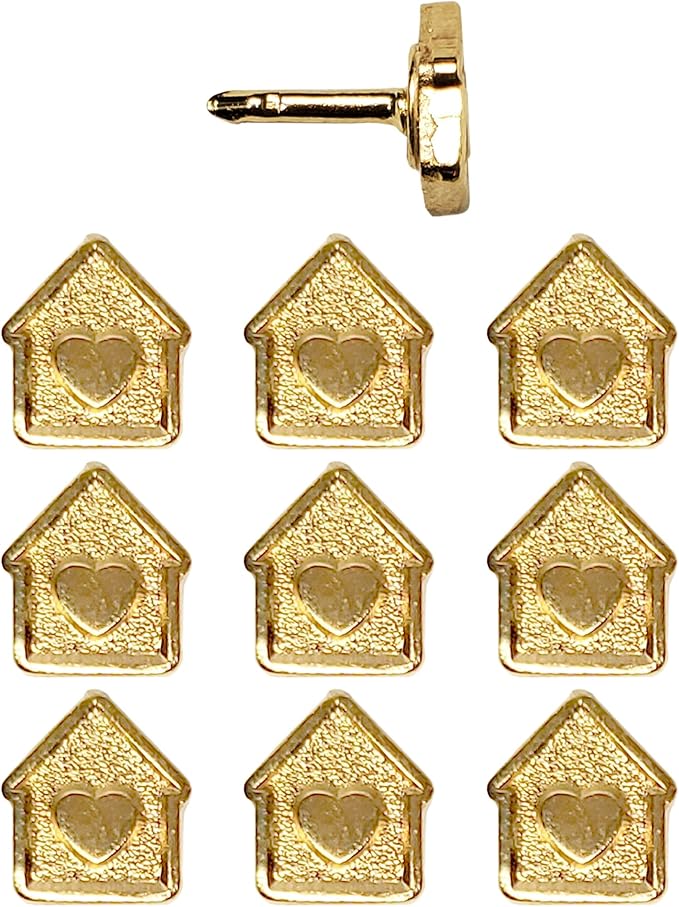 Mini House Push Pins - Gold House Pins - for Cork Board, Maps, or Lapel Pin Use - Designed in USA - Set of 10