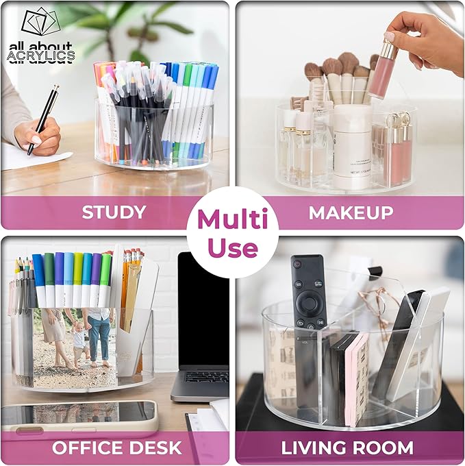 Acrylic Marker Organizer - Multipurpose 360 Rotating Holder for Pencil, Pen, Makeup Brushes, Crayon, Arts and Crafts Supplies - Clear Spinning Lazy Susan Non-Slip Organizing Caddy with Photo Slots