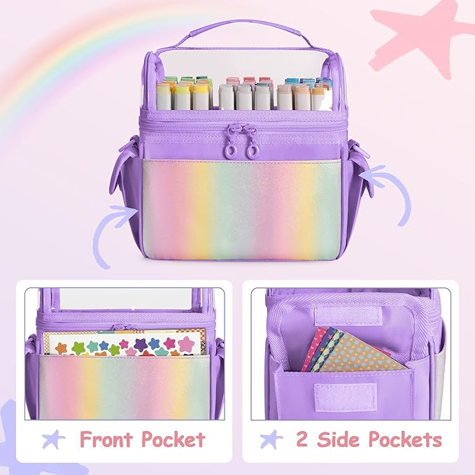 Marker Organizer Case for up to 72 Markers, Marker Storage Bag with Detachable Divider and 3 Extra Pockets, PVC Top Easy Find Your Need, Handle and Shoulder Strap, Purple (Case Only)