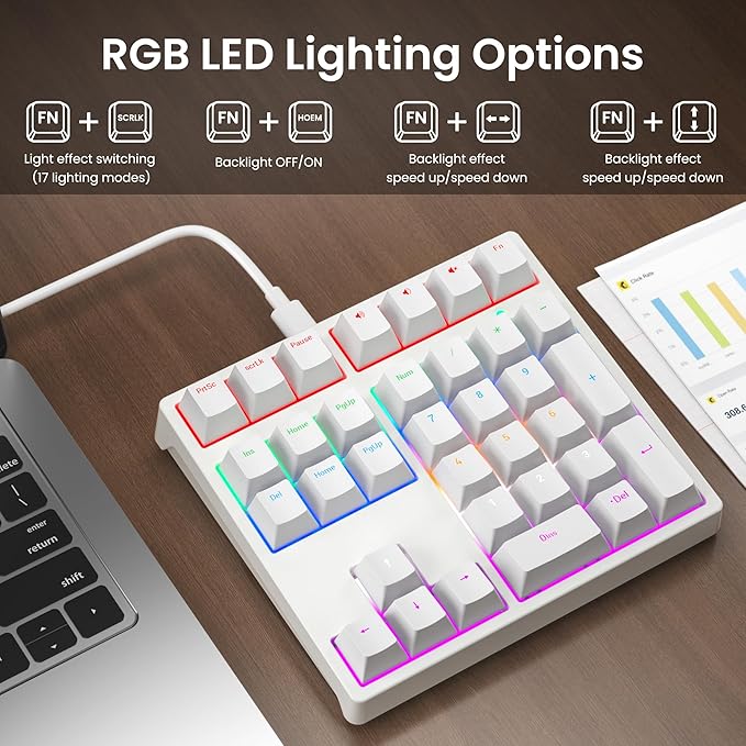 Gurjot Number Pad，Mechanical USB Wired Numeric Keypad with RGB LED Backlit,34 Keys Numpad Keyboard with PBT Keycaps Blue Switches for Windows/Mac Laptop,Computer,Desktop,PC,Notebook (White)