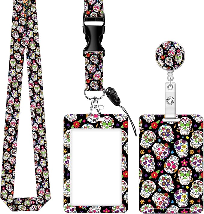 BLOCIT ID Badge Holder with Lanyard - Fashionable ID Card Holders with Retractable Lanyards - Soft Fiber Metal Clip Sturdy Buckle for Key Wallet - Work Nurse Teacher (Skull Skeleton Floral)