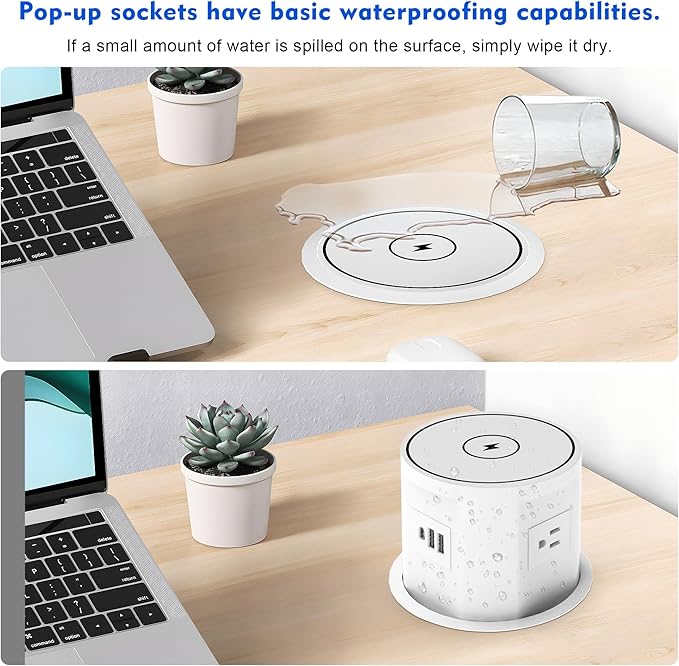 Pop Up Outlet for Countertop with 15w Wireless Charger, 4.7-Inch Pop Up Outlet with 4 Outlets and 2 USB-A, 1 USB-C, Pop Up Power Outlet for Kitchen Countertop, Conference Room, Study Room (White)