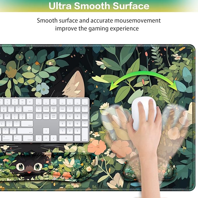 Mouse Pad Anime, Mouse Pad with Wrist Rest, 4-in-1 XXL Large Desk Mat Kawaii Mousepad with Gel Wrist Support Keyboard Wrists Rest Coaster, Ergonomic Gaming Cat Desk Pad, Funny Cute Office Accessories