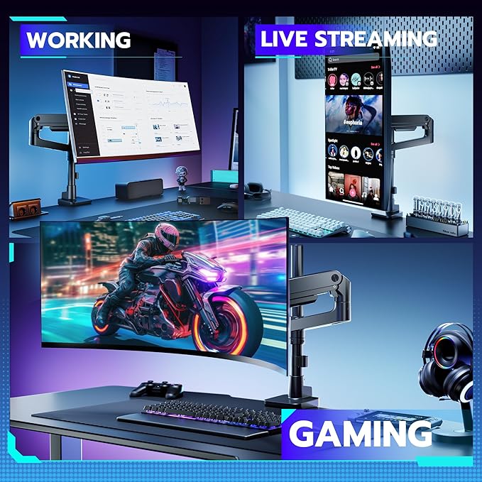 ARES WING Single Monitor Arm Desk Mount for 17-49 Inch Ultrawide Monitors, Heavy Duty Single Monitor Arm Holds 44 lbs, Full Motion Gas Spring Vertical Desk Mount, 75/100 VESA Mount, Black