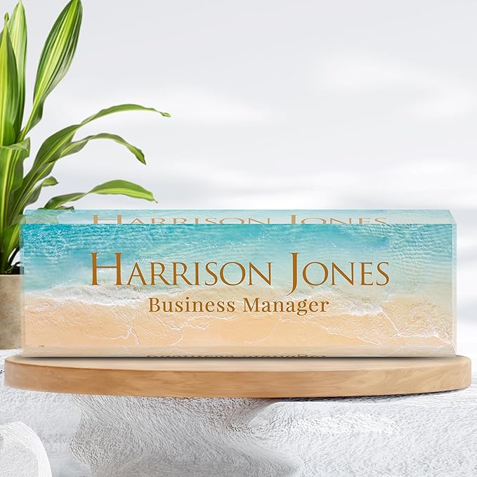 Personalized Name Plate for Desk, Custom Desk Name Plate, Acrylic Name Plate Office Desk Accessories, Personalized Office Gifts for Coworkers Teachers, Employee Appreciation Gifts (B-Beach)