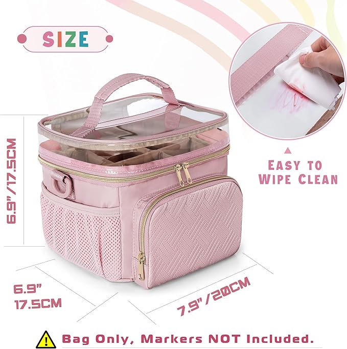 Marker Organizer Case for 100 Markers, Marker Storage Organizer Bag with Divider and Shoulder Strap, Marker Travel Carrying Case with 3 Pockets, Pink (Patented Design)