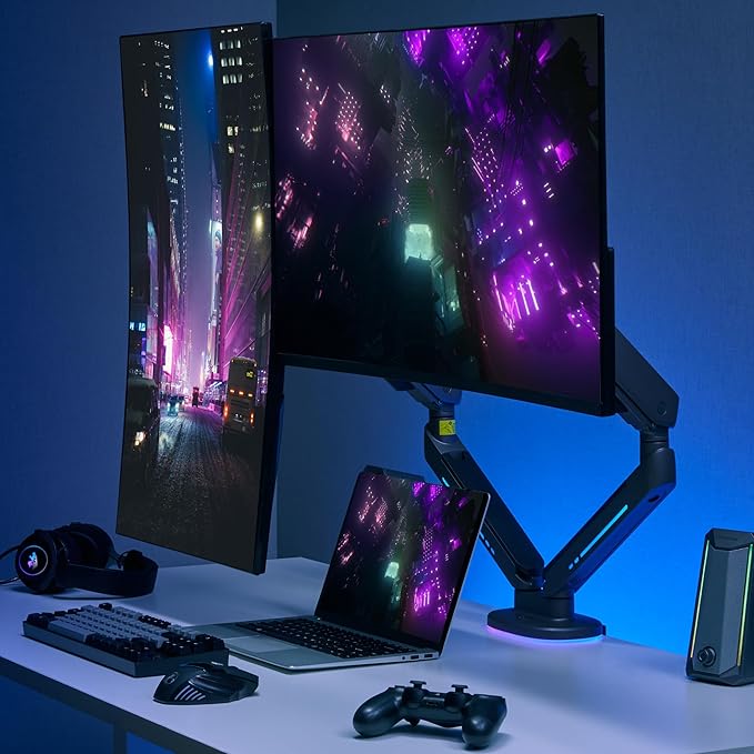 AVLT Dual 27”-43” RGB Gaming Monitor Arm Desk Mount Built-in 20 Lighting Modes Touch Button Control Fits Flat/Curved/Ultrawide Screen Height Swivel Tilt Rotation Adjustable Stand -Black