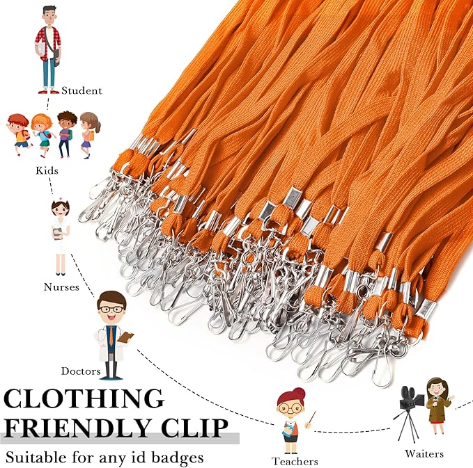 Epakh 100 Pcs Orange Lanyards Bulk for ID Badges Bulk Assorted Color Flat Badge Neck Lanyard with Swivel J Hook Clip for Student Teacher