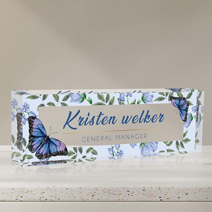 Desk Name Plate Personalized, Custom Name Plates for Desks, Office Desk Decor, Blue Butterfly Clear Acrylic Glass Block, Personalized Office Gifts for Women Men Boss Teacher Coworker Appreciation Gift