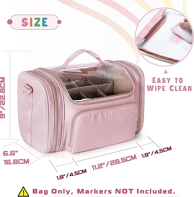 Marker Organizer Bag for 180-300 Markers, Large Marker Storage Case with Detachable Divider for Adults, Markers Travel Holder Case Bag for Various Markers or Other Art Craft Supply, Pink