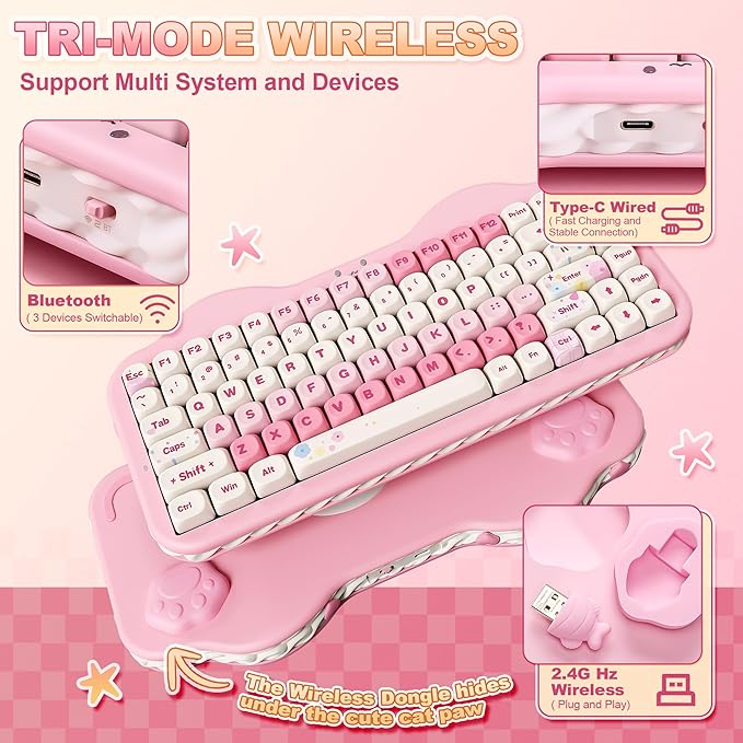 YUNZII C75 Wireless Mechanical Keyboard,75% Layout, Hot-Swappable NKRO,BT5.0/2.4G/USB-C Mode,Dye-Sub PBT MOA Keycaps,RGB Gasket Mount,Cute Cake Design for Mac/Win/Gaming (Pink, Milk V2 Switch)