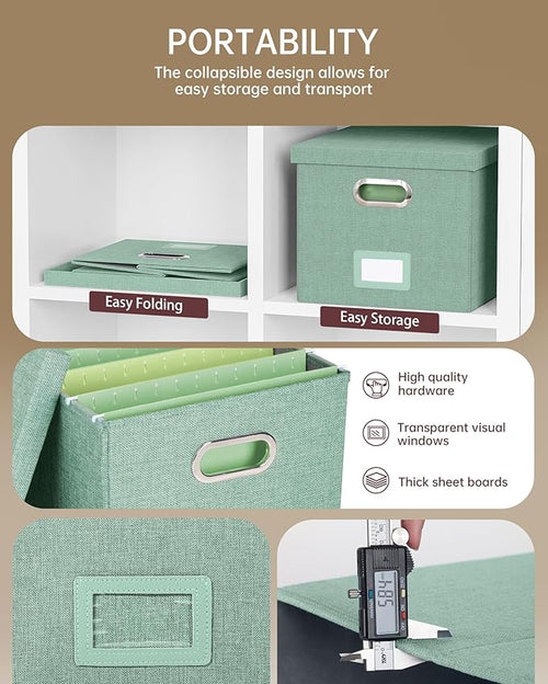 2 Pack File Storage Organizer, Filing Box, Portable File Box with Lid, Fit for Letter/Legal File Folder Storage, Document Organizer, Green