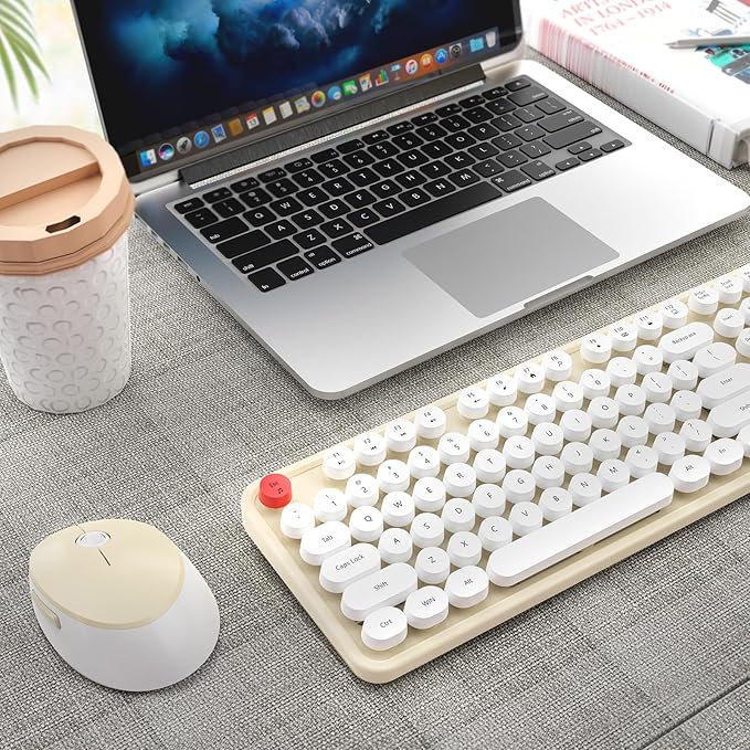 HotFox Wireless Keyboard and Mouse Combo, Full-Size Retro Typewriter Keyboard with Round Keycaps, Ergonomic Design for Windows PC, Home and Office Use - Cream