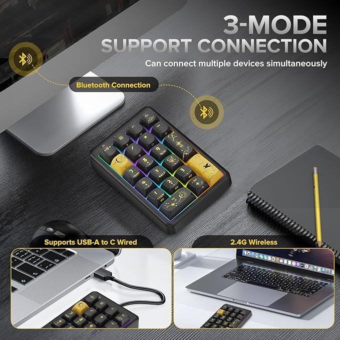 NumberPad,21Keys HotSwappable Numpad,Bluetooth5.0/2.4G/Type-C Wireless Numeric Keypad,Rechargeable Number keypad,RGB Gasket Structure Mechanical Keyboard with PBT Keycap for PC Laptop Notebook (Black)