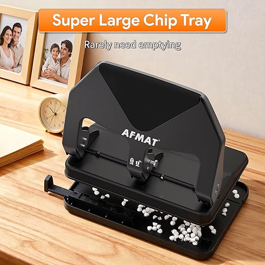 AFMAT Heavy Duty 3 Hole Punch, 50-Sheet Capacity, 50% Reduced Effort Three Hole Puncher for Binder, 10K+ Uses, Large Chip Tray, Adjustable Paper Guide, Office Metal Paper Puncher 3 Ring HP20(Black)