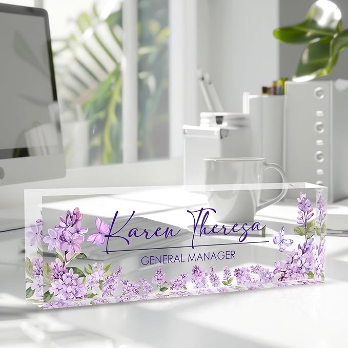 Custom Office Name Plate for Desk, Desk Name Plate Personalized, Personalized Gifts for Women, Appreciation Gifts for Employee Coworkers Boss Teacher, Office Accessories (Purple lilac flower)